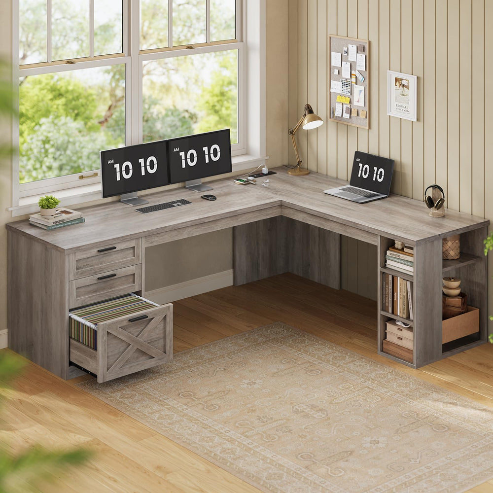 L-Shaped Desk with Drawers, Storage Shelves & Power Outlets