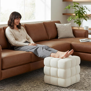 Fuzzy Sherpa Ottoman Pouf with Wooden Frame | Square & Round Styles