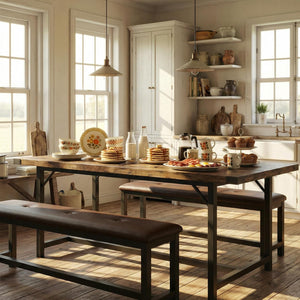5-Piece Extendable Dining Table Set with 2 Upholstered Benches