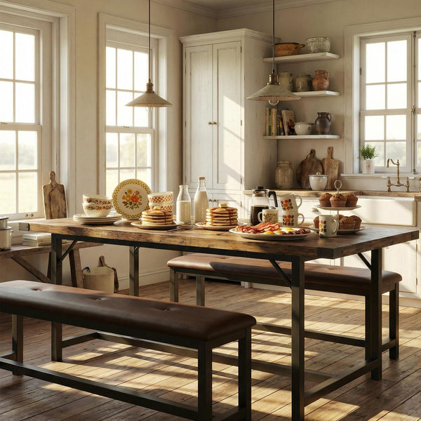 5-Piece Extendable Dining Table Set with 2 Upholstered Benches
