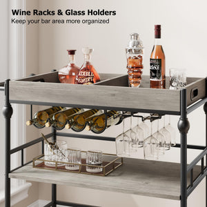 3-Tier Rolling Bar Cart with Wine Rack & Removable Tray