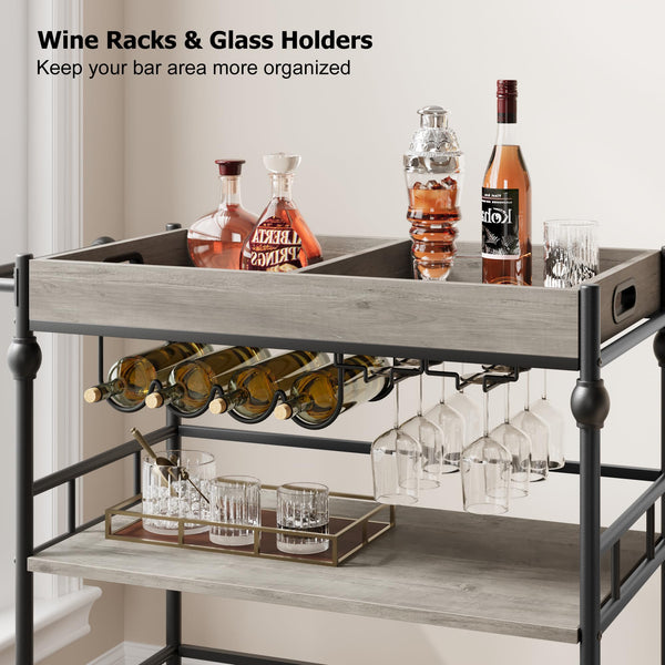 3-Tier Rolling Bar Cart with Wine Rack & Removable Tray