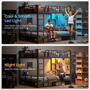 Metal Bunk Bed with Storage, LED Lights & Power Outlet