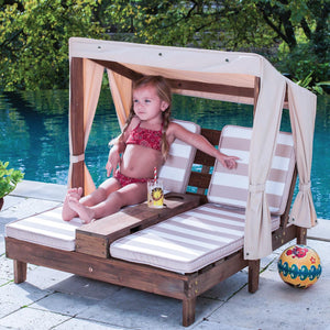Kids Outdoor Double Chaise Lounge with Canopy & Cup Holders