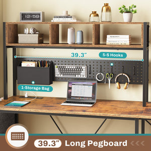 SEDETA L Shaped Gaming Desk with Hutch, 57.5” Reversible Corner Computer Desk with Storage Shelves, Gaming Desk with Pegboard, LED Lights, Power Outlet, Keyboard Tray (Rustic Brown)