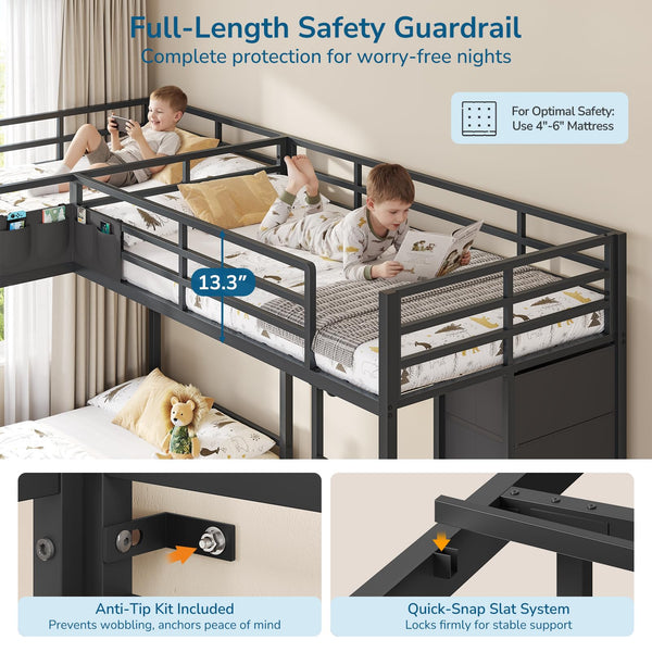 L-Shaped Triple Bunk Bed Twin over Twin with Storage & LED Lights