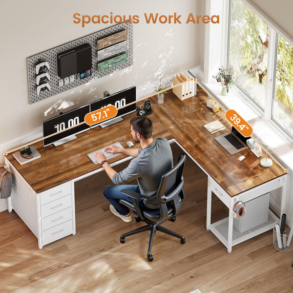 L-Shaped Desk with Drawers & Built-In Power Strip