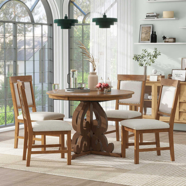 Extendable Round Dining Table Set for 4-6 with Upholstered Chairs