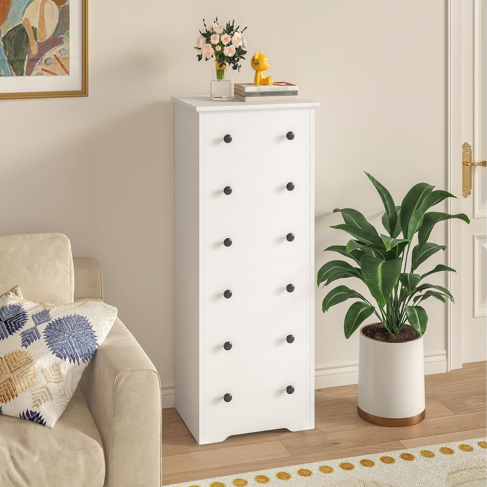 6-Drawer Tall Skinny Dresser with Colorful Handles – White