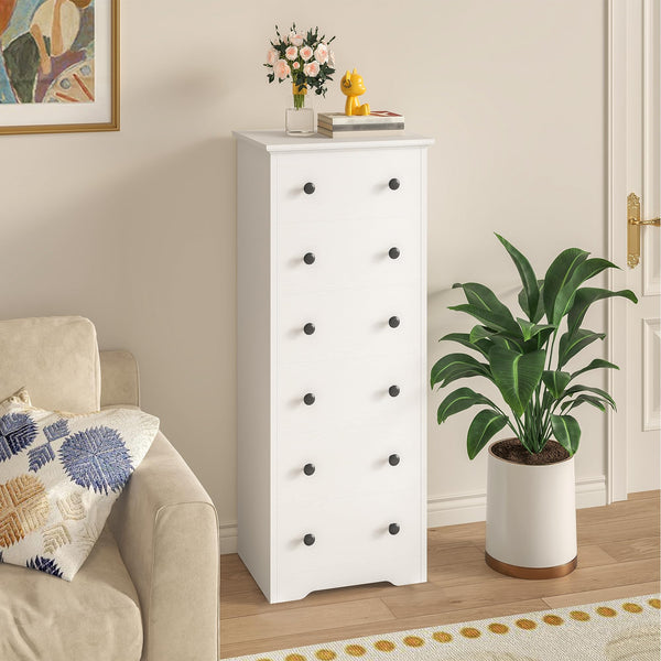 6-Drawer Tall Skinny Dresser with Colorful Handles – White
