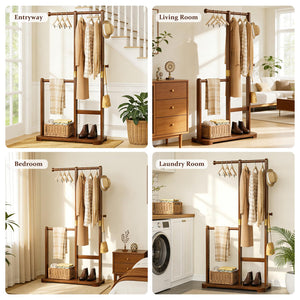 Double Rod Freestanding Coat Rack – Solid Wood, Bedroom & Entryway