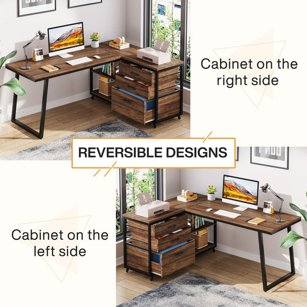 Reversible L-Shaped Computer Desk with Drawers & Shelves