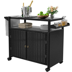 Outdoor Wicker Bar Cart with Cabinet & Tempered Glass Top