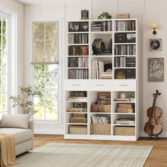 Tall Bookcase with Drawers & Adjustable Shelves – 9-Tier Wide Storage Cabinet