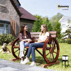 Rustic Wagon Wheel Outdoor Wood Bench – 2-Person Slatted Seat with Backrest