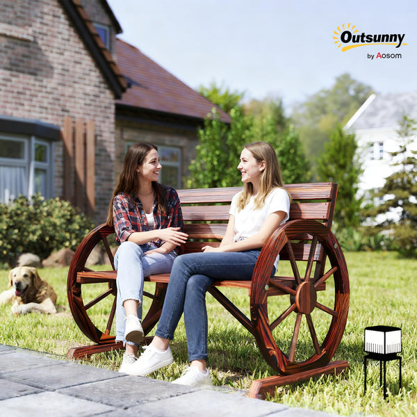 Rustic Wagon Wheel Outdoor Wood Bench – 2-Person Slatted Seat with Backrest