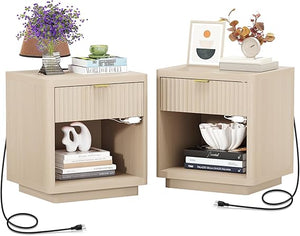 Nightstand Set of 2 with Charger Station and LED Sensor Light — Large Modern Fluted Night Stand