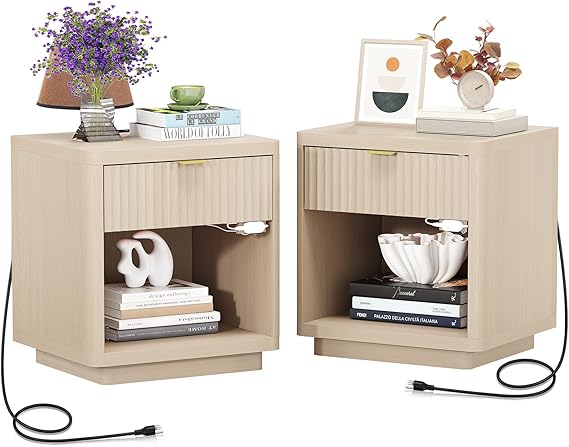 Nightstand Set of 2 with Charger Station and LED Sensor Light — Large Modern Fluted Night Stand