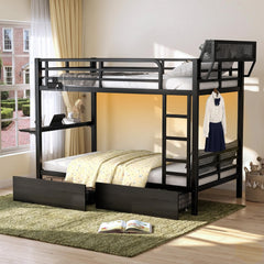 Metal Bunk Bed with Foldable Desk, LED Lights & Charging Station