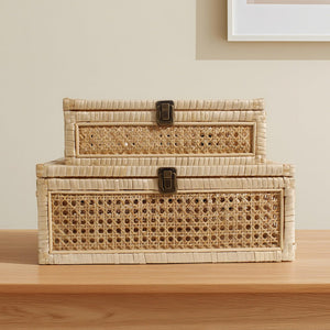 Rattan Decorative Boxes with Glass Lids – Set of 2
