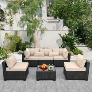 6-Piece All-Weather Wicker Patio Sectional Set with Glass Table