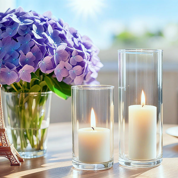 White Pillar Candles & Glass Cylinder Vases Set (24 Pcs)