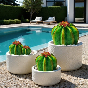 Metal Barrel Cactus Garden Sculptures 4-Pack