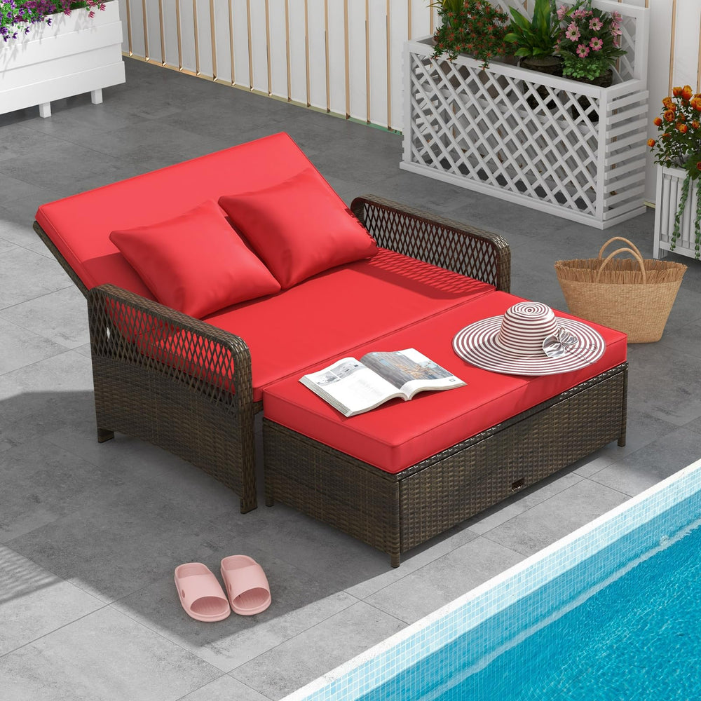PE Rattan Double Chaise Lounge Set with Adjustable Back & Storage Ottoman