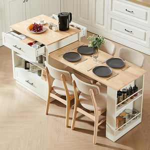 Trygoal Kitchen Island with Extendable Dining Table, 59.5" Rolling Kitchen Storage Table with Double-Sided Storage, Power Outlet and 2 Drawers, for Kitchen,Dining Room, White