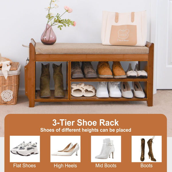 Bamboo Entryway Shoe Storage Bench with Cushion