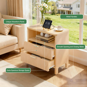 Fluted Nightstand with Charging Station & 2 Drawers