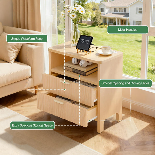 Fluted Nightstand with Charging Station & 2 Drawers
