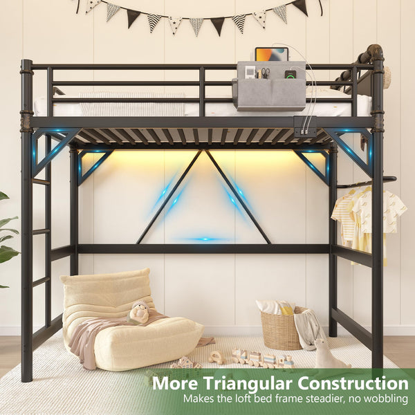 Twin Loft Bed with LED Lights & Charging Station