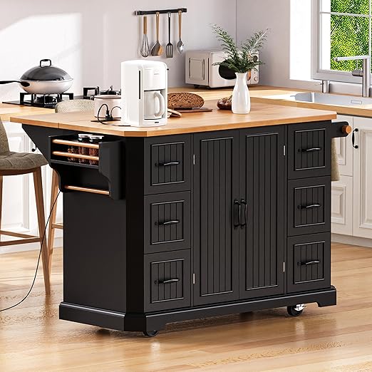 Rolling Kitchen Island with Drop Leaf Countertop & Power Outlets