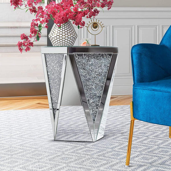 Mirrored End Table with Crystal Inlay – Silver Accent Side Table