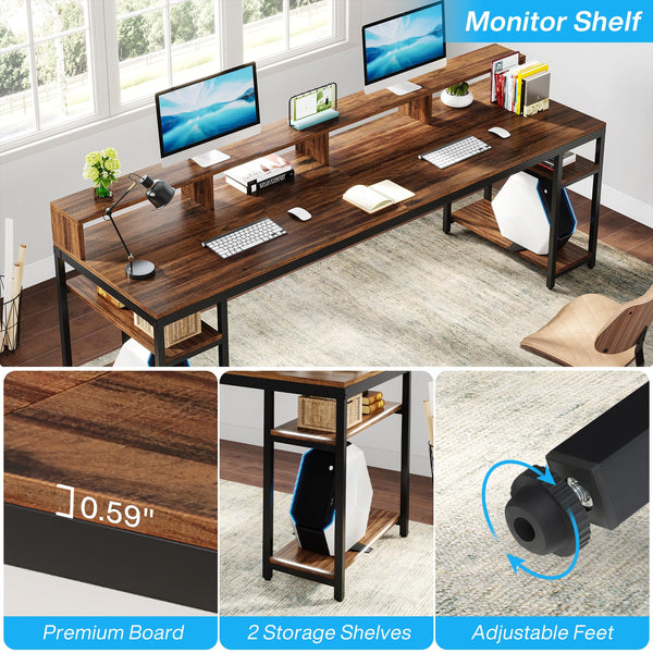 2-Person Desk with Monitor Stand & Storage Shelves, 78.74"