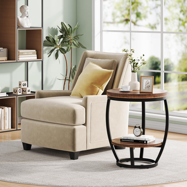2-Tier Round Industrial End Table with Metal Frame