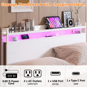 Full Size Headboard with Outlets, USB, LED Light & Storage Shelf