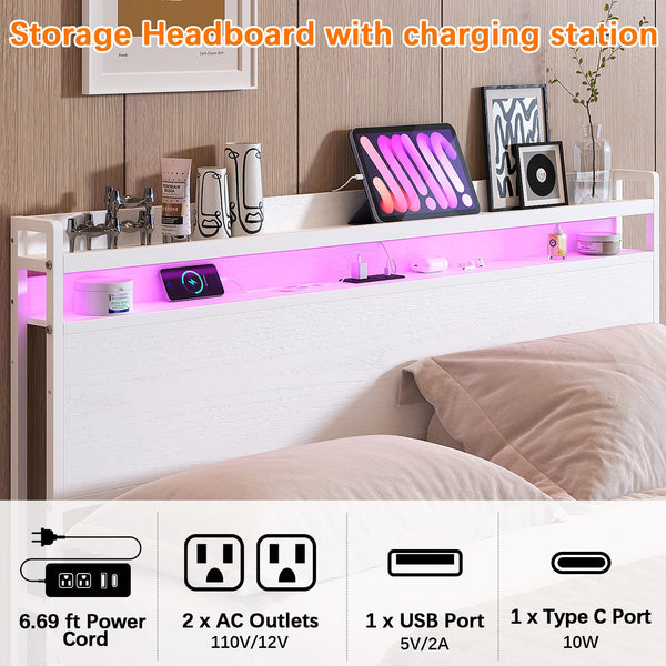 Full Size Headboard with Outlets, USB, LED Light & Storage Shelf
