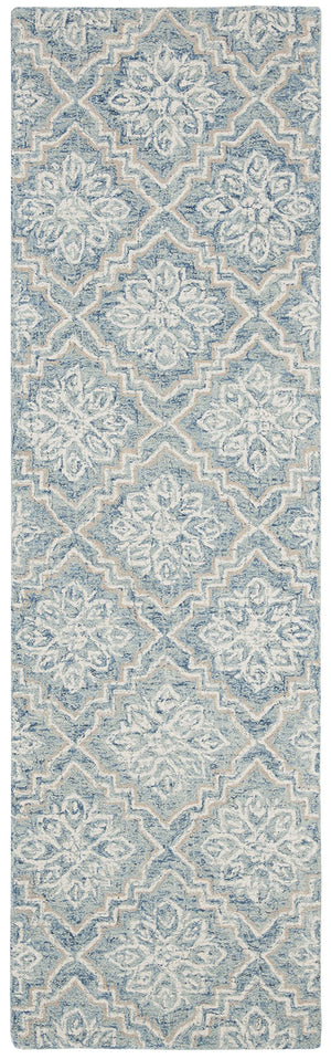 Abstract Geometric Runner Rug – 2'3" x 12' | Blue & Grey Handmade Wool