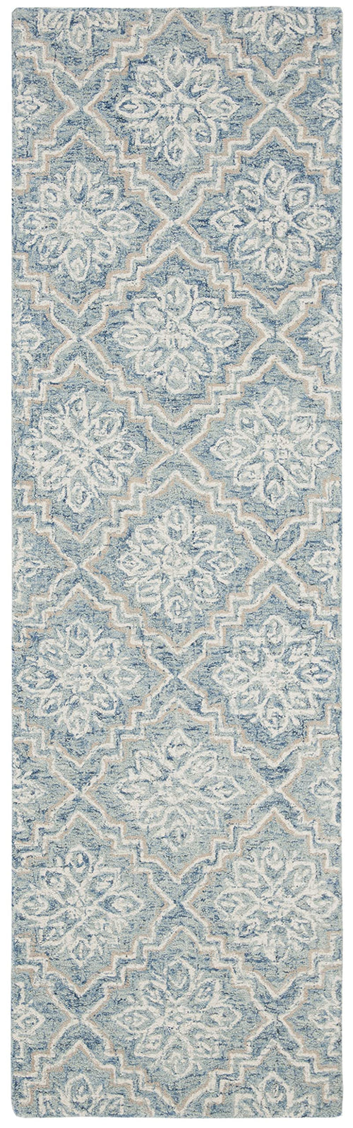 Abstract Geometric Runner Rug – 2'3" x 12' | Blue & Grey Handmade Wool