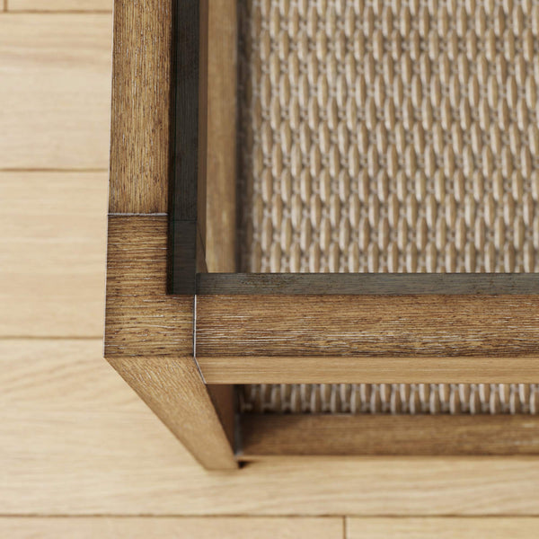 Glass Top End Table with Rattan Shelf & Wood Frame