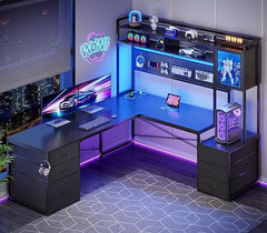 L-Shaped Gaming Desk with Drawers, Hutch & LED Lights