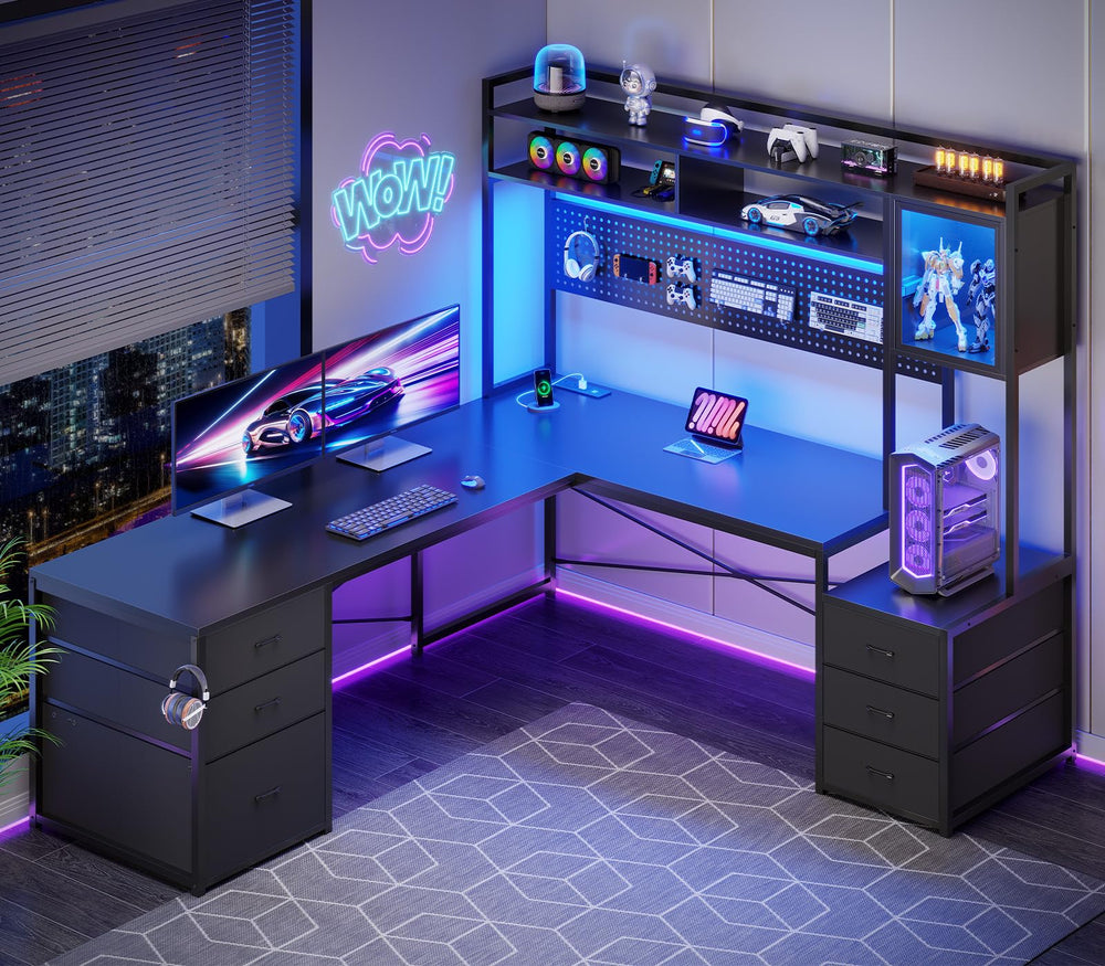 L-Shaped Gaming Desk with Drawers, LED Lights & Power Outlet