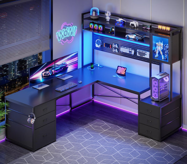 L-Shaped Gaming Desk with Drawers, LED Lights & Power Outlet