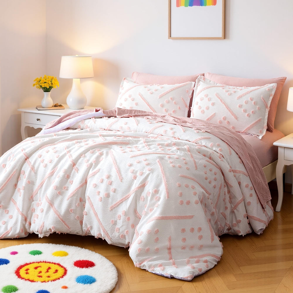 7-Piece Jacquard Microfiber Bedding Set – Pink Tufted, All-Season