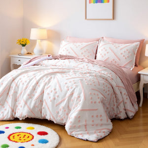 7-Piece Jacquard Microfiber Bedding Set – Pink Tufted, All-Season