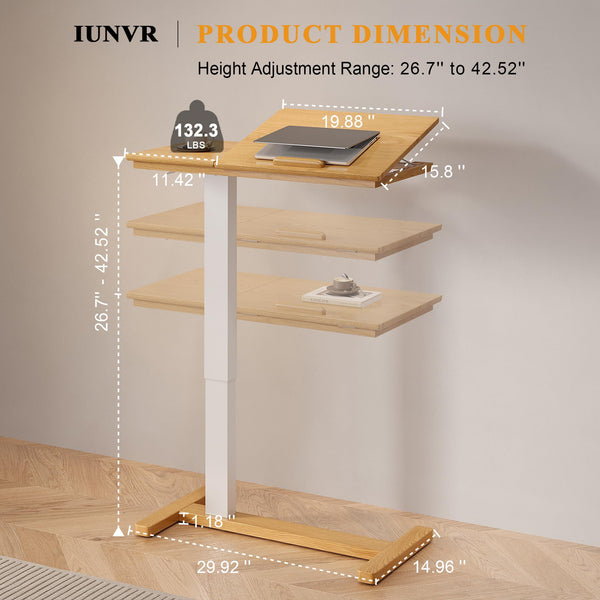 IUNVR Solid Wood Overbed Bedside Table with Hidden Casters, Adjustable Hospital Bed Table Rolling Laptop Desk with Split Dual Desktop & Pneumatic Gas Spring Lift for Hospital, Home Use (Natural)