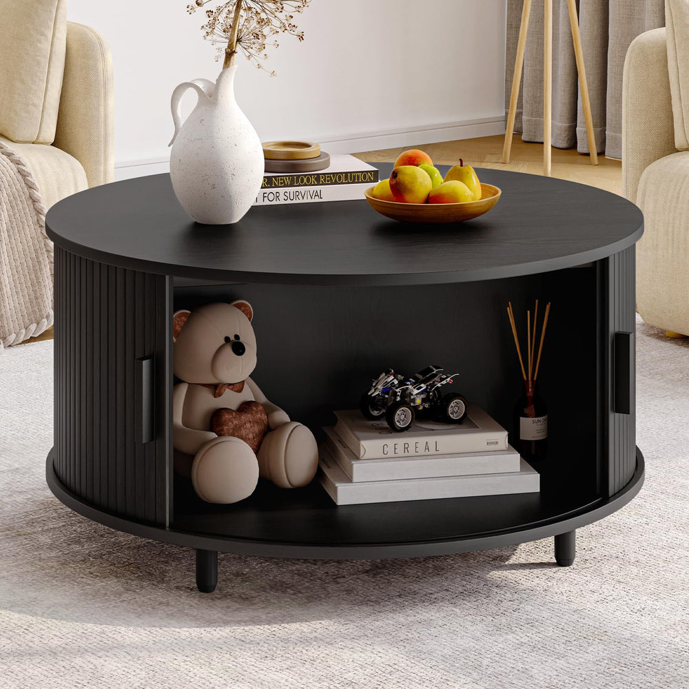Round Coffee Table with Storage & 360° Sliding Door