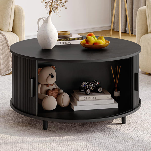 Round Coffee Table with Storage & 360° Sliding Door